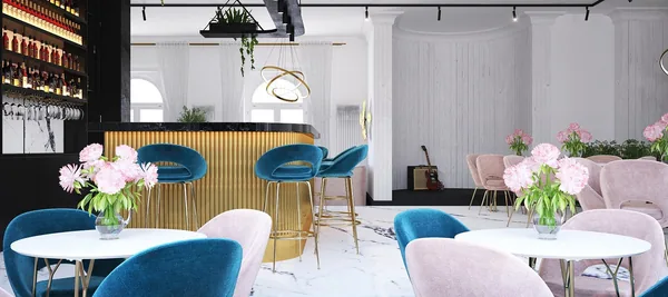 Lys bar og lounge med blå barstole og lyserøde lænestole